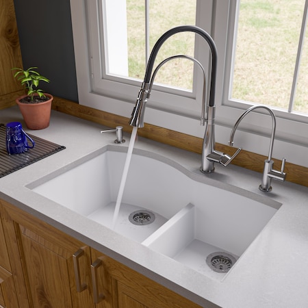 Alfi Brand White 33" Dbl Bowl Undermount Granite Composite Kitchen Sink AB3320UM-W